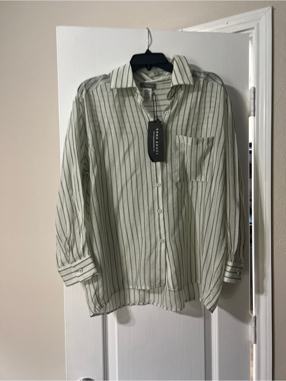 Frame Denim Striped Button-Up Shirt in Light Green and White